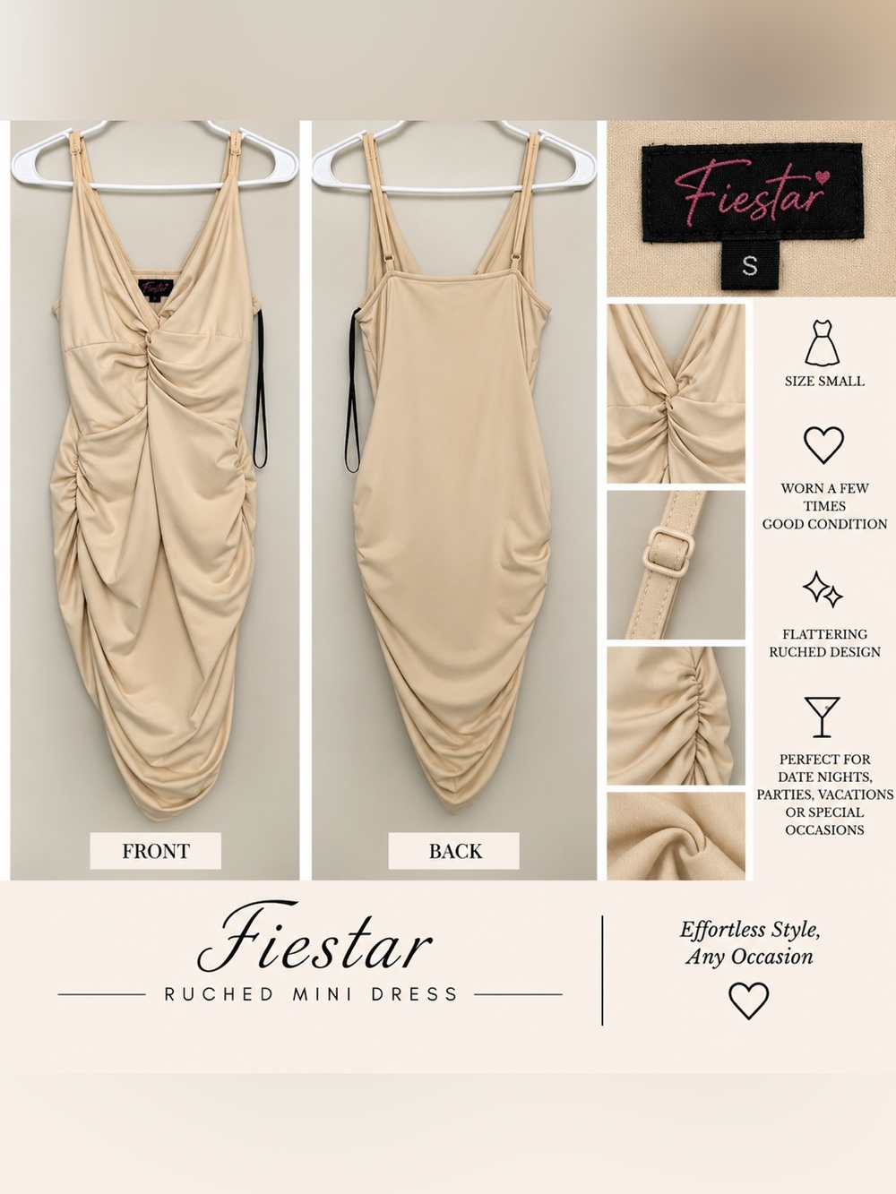 Fiesta Beige Ruched Mini Dress with Adjustable Straps